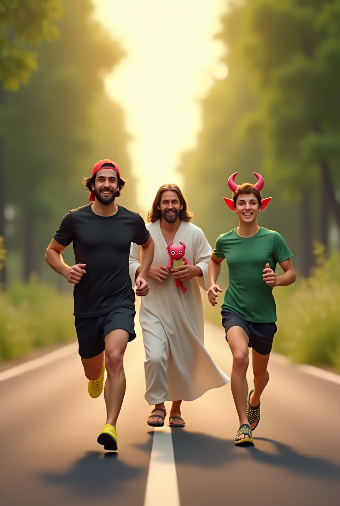 "On an open road, two people are running. The front person wears black shorts, a black T-shirt, yellow shoes, and a red cap. The second person is in a green T-shirt and blue-yellow flip-flops, holding large red and green tapes. Alongside them, Jesus, in white robes, smiles peacefully while holding a small, cute devil with tiny horns and pink ears. The road is softly lit with sunlight, with greenery on both sides. This scene is hyper-realistic, in ultra HD quality, with warm, soothing tones, similar to the uploaded image."
