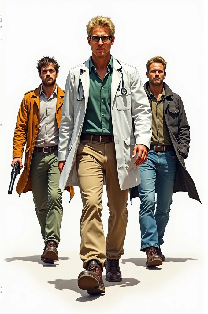 a drawing, bright coloured, one  men, 3, Cao Cao, dark blonde american hair, Eyeglasses, army doctor clothes, Beige pants, shoes, apocalypse style, white background, fully body 