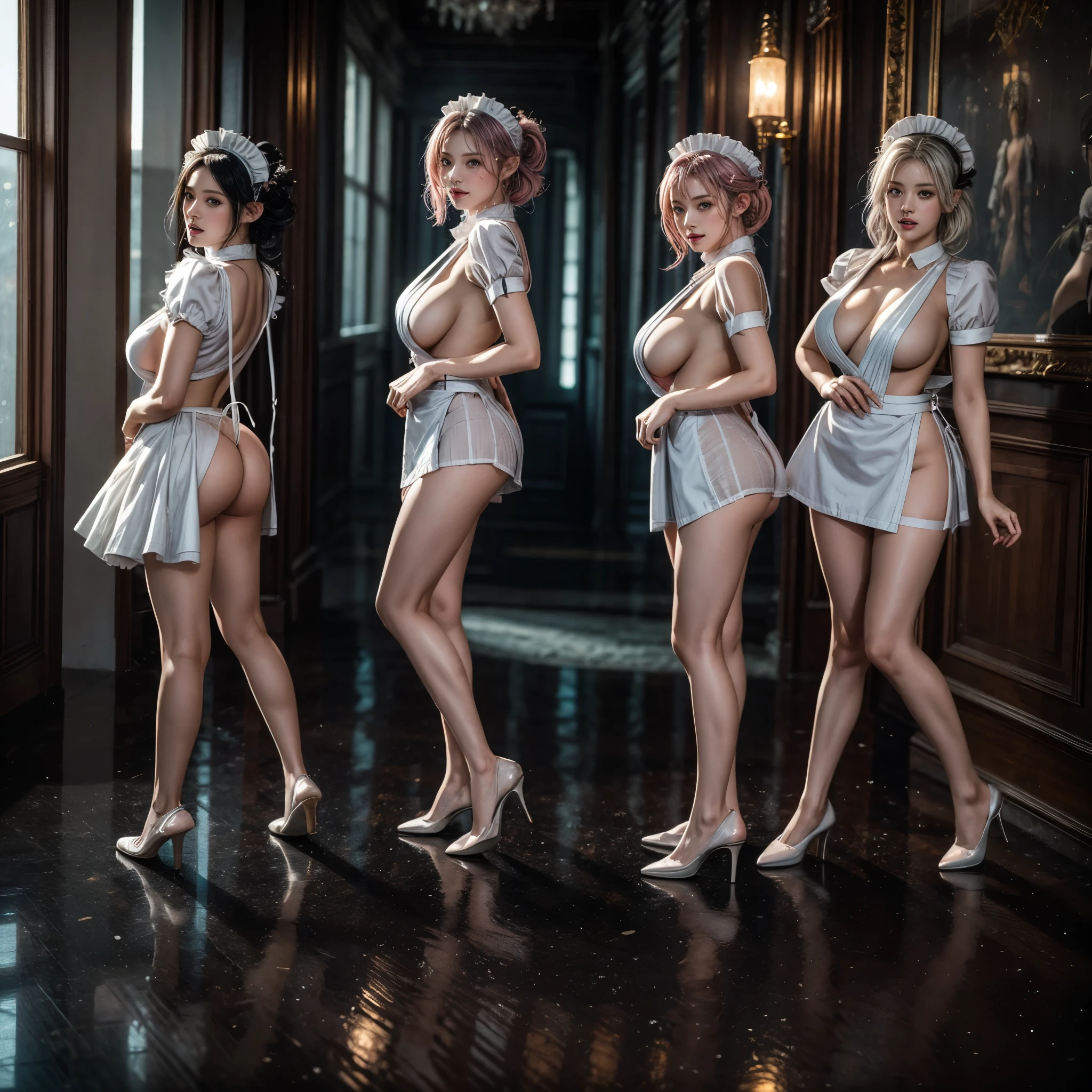 (Full Body of Extremely Detailed((Sexy Maid Group in a row:1.37))), KAWAII perfect face, Reflective Eyes, Detailed(Delicate Clothing textures), Correct Bewitching Leg Line, Dynamic Joyful Expressions LifeLike Rendering, Specular Reflection, TopQuality 8K Ultra-detailed masterpiece (ProfessionalPhoto:1.37), (Acutance:0.8), (Luminism:1.28), Renaissance art style, Colorful Light particles, ((Full body from side)), {MicroMini Skirt|Kissing Face to Face|Thigh Gap|Cute Peach AssFocus|(NakedApron with (Overflowing Sideboob))}, Radiant Fine Skin with Transparency, {Pink Hair|LightBlue Hair|Platinum Blonde|Pure White Hair|Liquid Hair}, Perfect Lighting