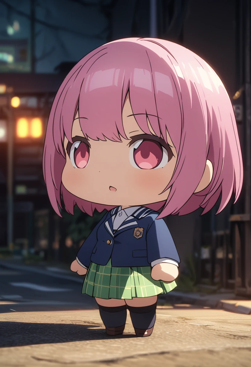 (Highest quality, 4K, 8k, High resolution, masterpiece:1.2), Very detailed, Picturesque, Animated Photography, Photo Animation:1.37)、Japanese girl、(Pink Hair)、(short hair)、(chibi:1.4),white shirt、Yellow-green checkered skirt,(high scool uniform:1.2)、navy blue jacket、standing、arms behind head、Full body photography、Nakano ichika
