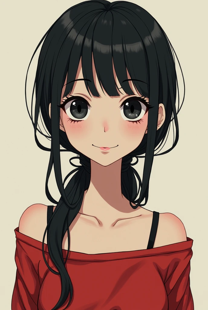 Create a white girl with glasses, slim, with long black hair tied up with a red shirt that reveals her shoulders and the strap of her black bra comes out over her shoulders and gives her black button eyes like Caroline anime version and smiles with thin red lips
