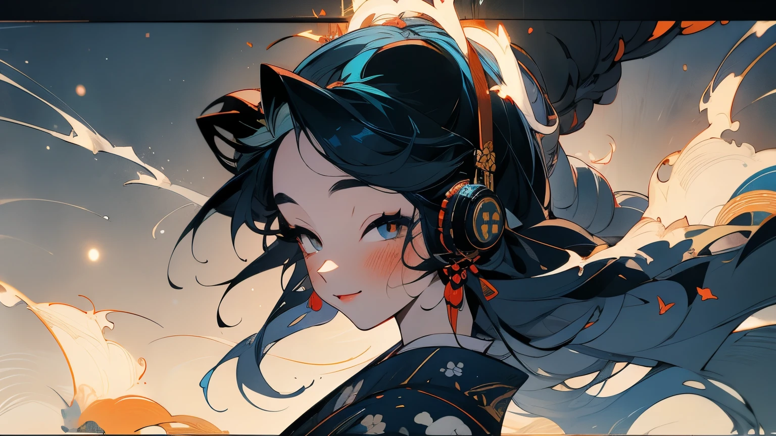 A white rabbit, ((headphones)), ((background: night, starry sky)), ((ukiyo-e style)), ((smile)), ((1 girl)),
