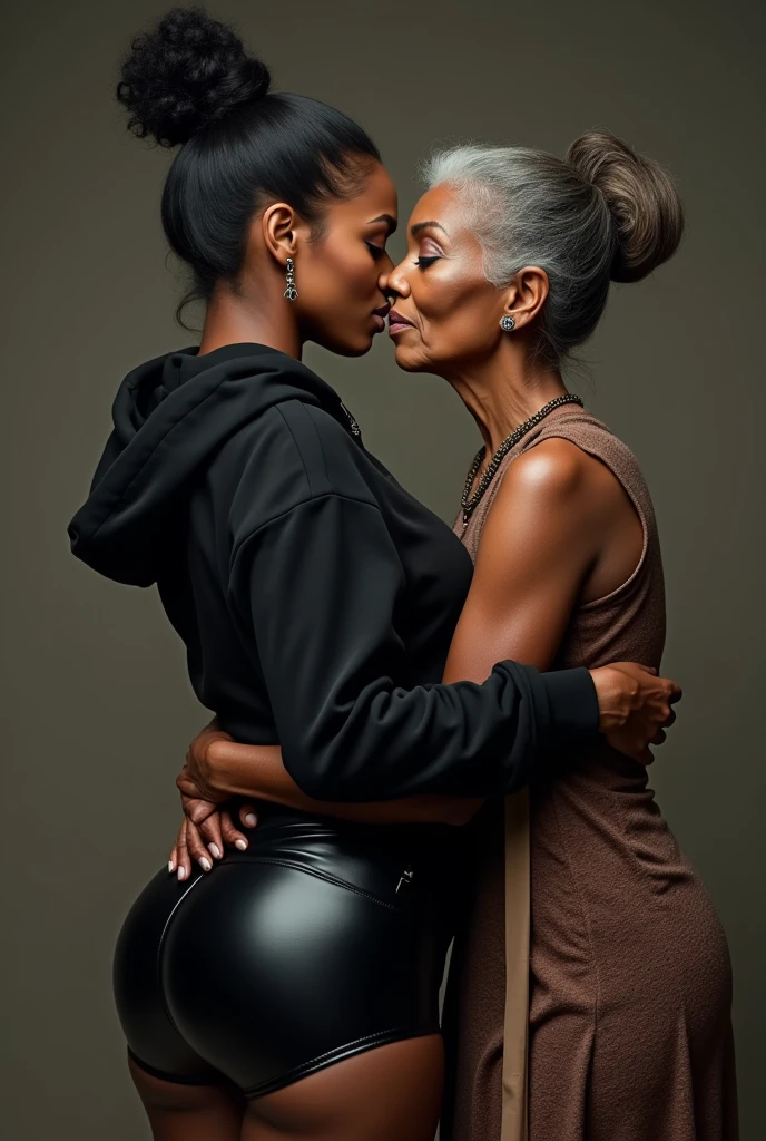black woman hair in a bun black hoodie   black leather short shorts   a old grandma in a dress  kissing her ??? behind her squeezing her ????