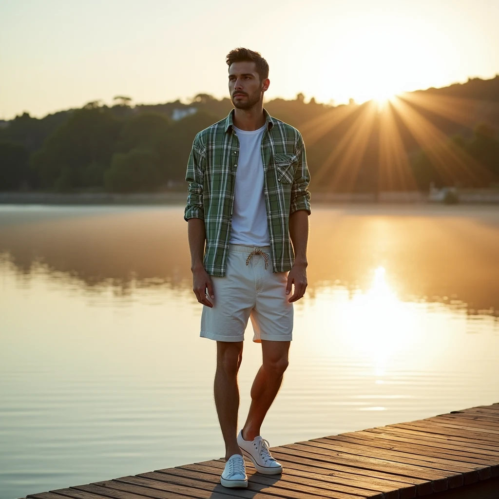 A white man, aged 36, model type, with short dark hair, with clear eyes, wearing a white shirt underneath a green and white plaid shirt, swimming trunks, tennis, on top of a pier on a lake in Alentejo, at daybreak.