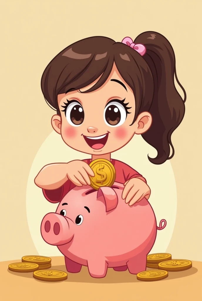 Hand of girl putting coins on piggy bank (cartoon)
