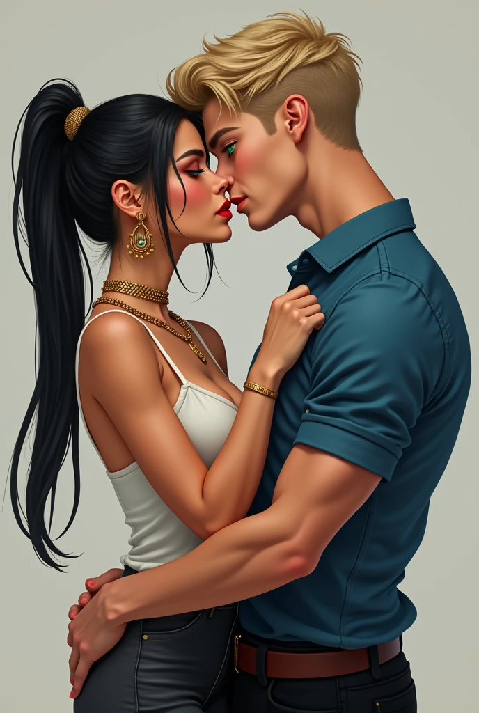 Raise a beautiful young adult,greeneyes,very straight black hair tied up in a bun ,red lipstick highlighted nose, lifelike face,wearing gold earring and chain kissing a young adult boy blond short straight hair,greeneyes,stark ,athletic body ,tall white,wearing a handsome, muscular young man, extreme detailed face, beautiful detailed eyes, looking at the spectators romantically, sapphire blue shirt, black pants, dress shirt and pants, sexy look, short blonde hair ,soft skin,
