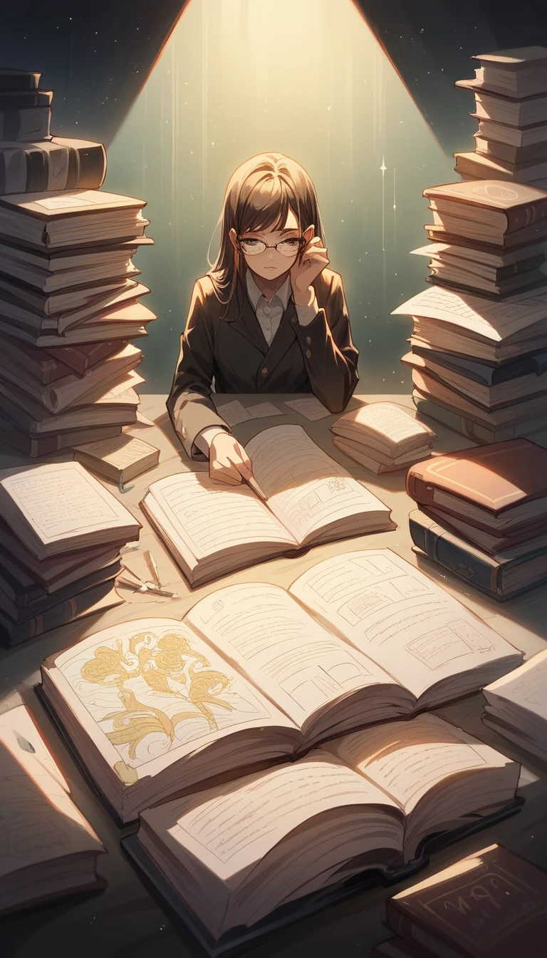woman, sitting on a book, Mathematical Formulas, one pair of glasses, follow fire safety rules, HD Lighting and Darkness )<=(Epic image quality)dark atmosphere with bright light particles(Lots of effects in the background, Background formula.emptiness,black hole