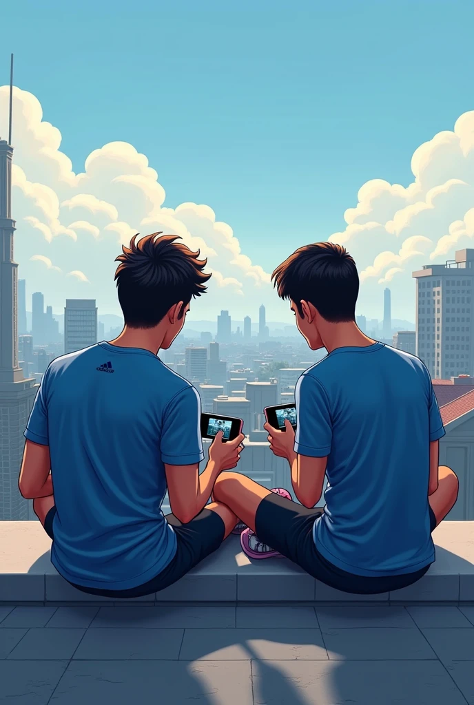 sitting on rood of a building playing pubg with his friend and both are wearing blue shorts and addidas tshirt and both have a name haris and yousaf
