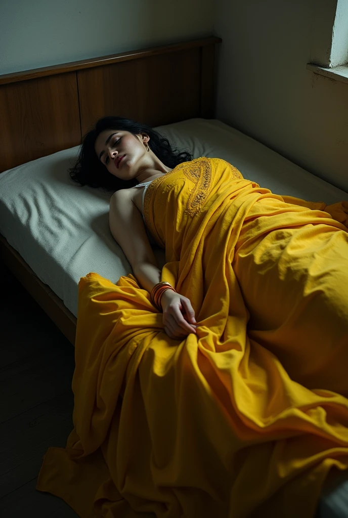A womens dead body with a yellow saree laying in a bed