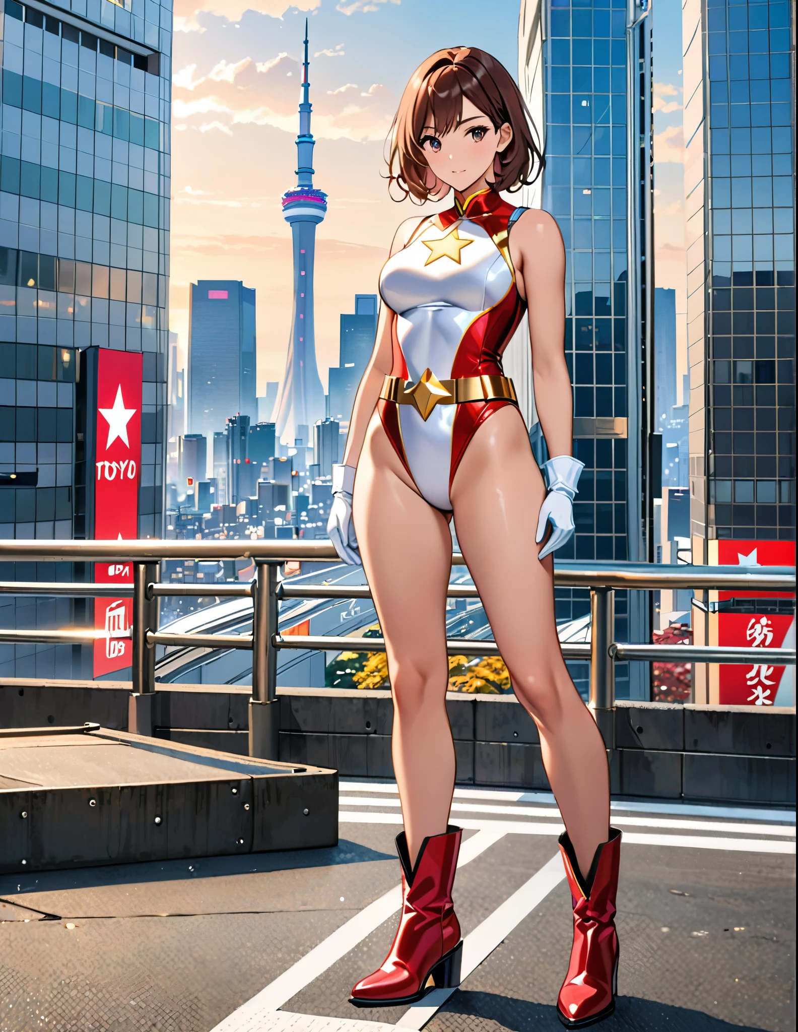(masterpiece), (best quality), (high res), medium breasts, ((leotard, white and red leotard, matching leotard, sleeveless, bare legs)), ((tight belt, gold belt)), ((boots, matching boots, ankle-high boots, white boots)), ((gloves, white gloves)), city backdrop, tokyo city backdrop, solo, solo focus, standing, (full body), cowboy shot, superhero, ((beautiful detailed eyes)), ((gold star symbol on chest)), (brown hair, medium hair, bob hair, purple eyes), (perfect hands, perfect anatomy), cowboy shot, superhero, ((beautiful detailed eyes)), full body costume design.