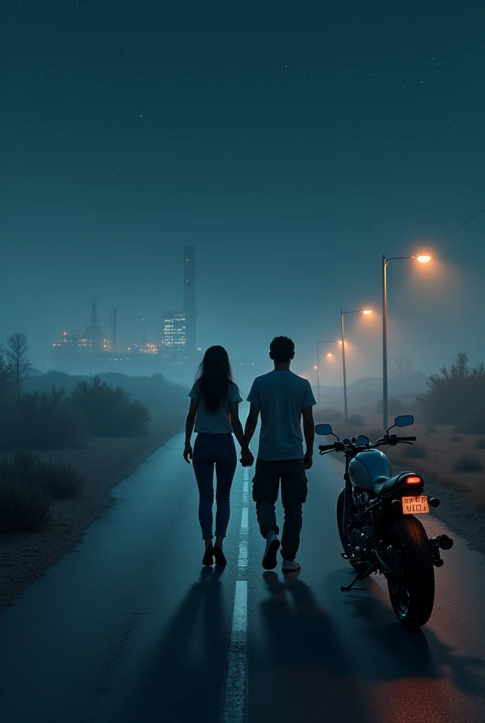 Desert factory road in the night, one side factories and city other side desert with bushes, starry night, couple walking holding each others hand, light foggy, sodium street light, mystic feel, lone road, beautiful girl- hight 5'2" weight 55 kg wearing jeans and tops, man 5'7" weight 85 kg with silky straight hair, wearing cargo pant and t-shirt, parked cafe racer bike aside.