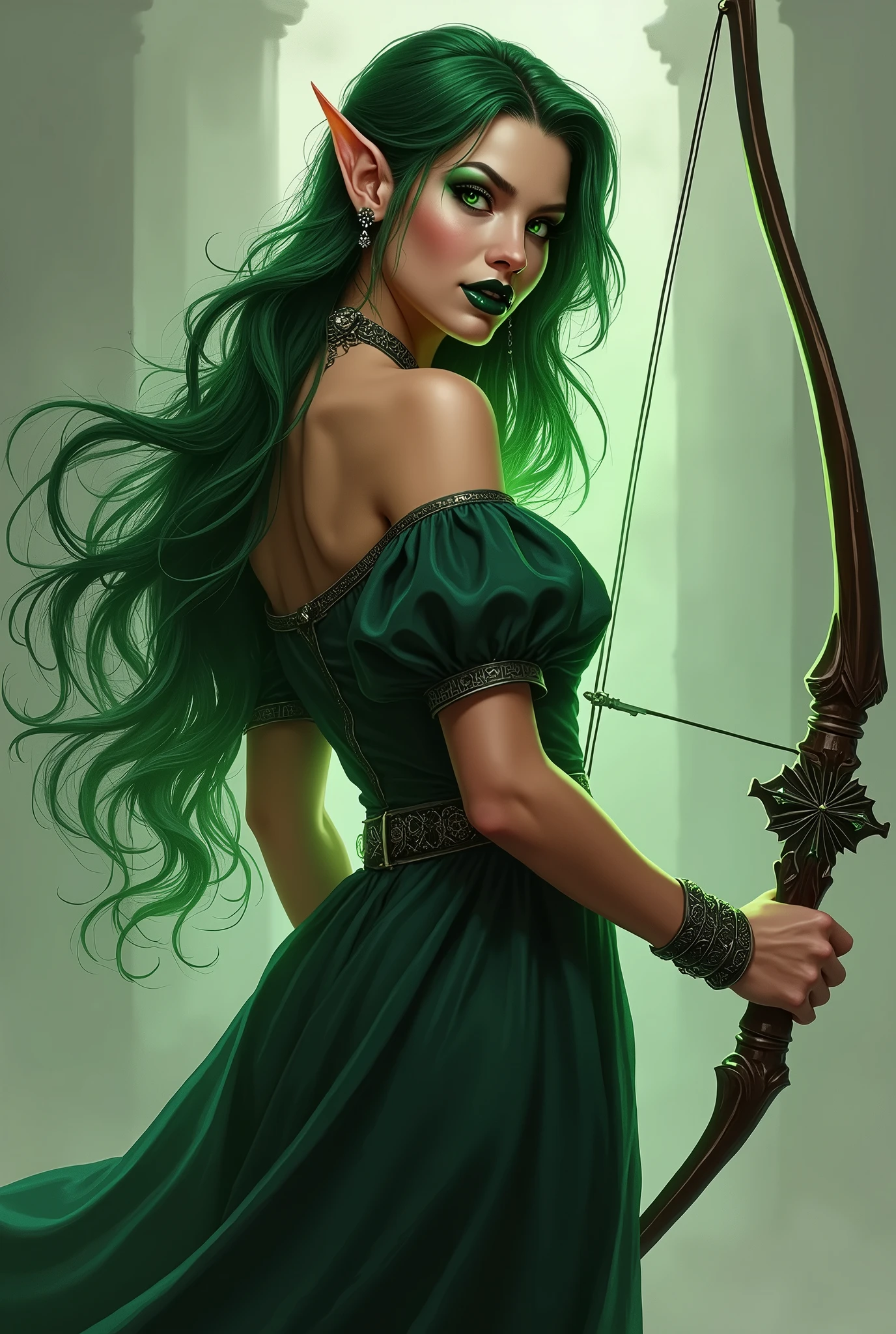 Photo, (masterpiece, best quality), 1girl, solo, long hair, breasts, looking at viewer, dress, bare shoulders, jewelry, medium breasts, green eyes, weapon, earrings, green hair, pointy ears, nail polish, hand on hip, makeup, glowing, lipstick, elf, black nails, armlet, colored sclera, bow (weapon), white eyes, black lips, green lips, long pointy ears