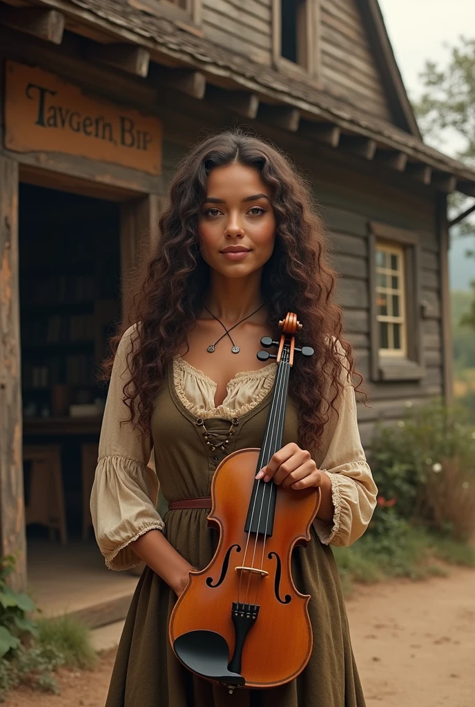 Light brown skin women, with long brown  curly hair, wearing an old dress and carrying a wooden fedle, standing in front of a tavern. 


