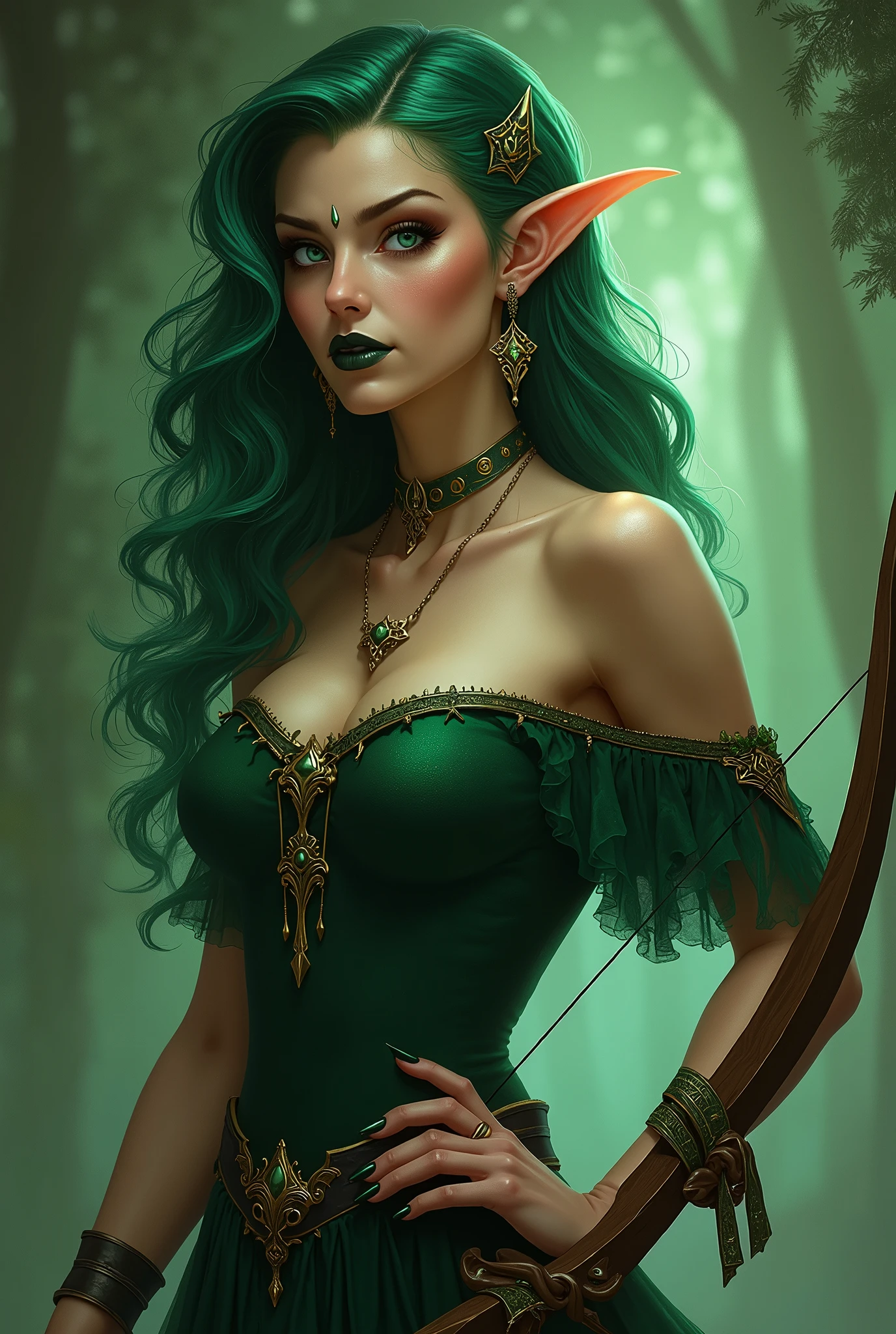 Photo, (masterpiece, best quality), 1girl, solo, long hair, breasts, looking at viewer, dress, bare shoulders, jewelry, medium breasts, green eyes, weapon, earrings, green hair, pointy ears, nail polish, hand on hip, makeup, glowing, lipstick, elf, black nails, armlet, colored sclera, bow (weapon), white eyes, black lips, green lips, long pointy ears