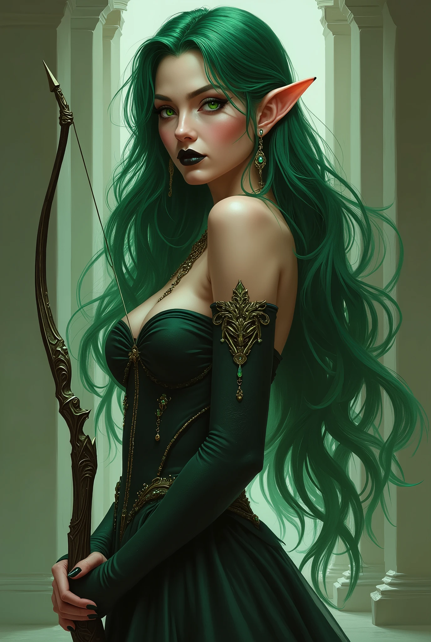 Photo, (masterpiece, best quality), 1girl, solo, long hair, , looking at viewer, dress, bare shoulders, jewelry, medium breasts eyes, weapon, earrings, green hair, pointy ears, nail polish, hand on hip, makeup, glowing, lipstick, elf, black nails, armlet, colored sclera, bow (weapon), white eyes, black lips, green lips, long pointy ears