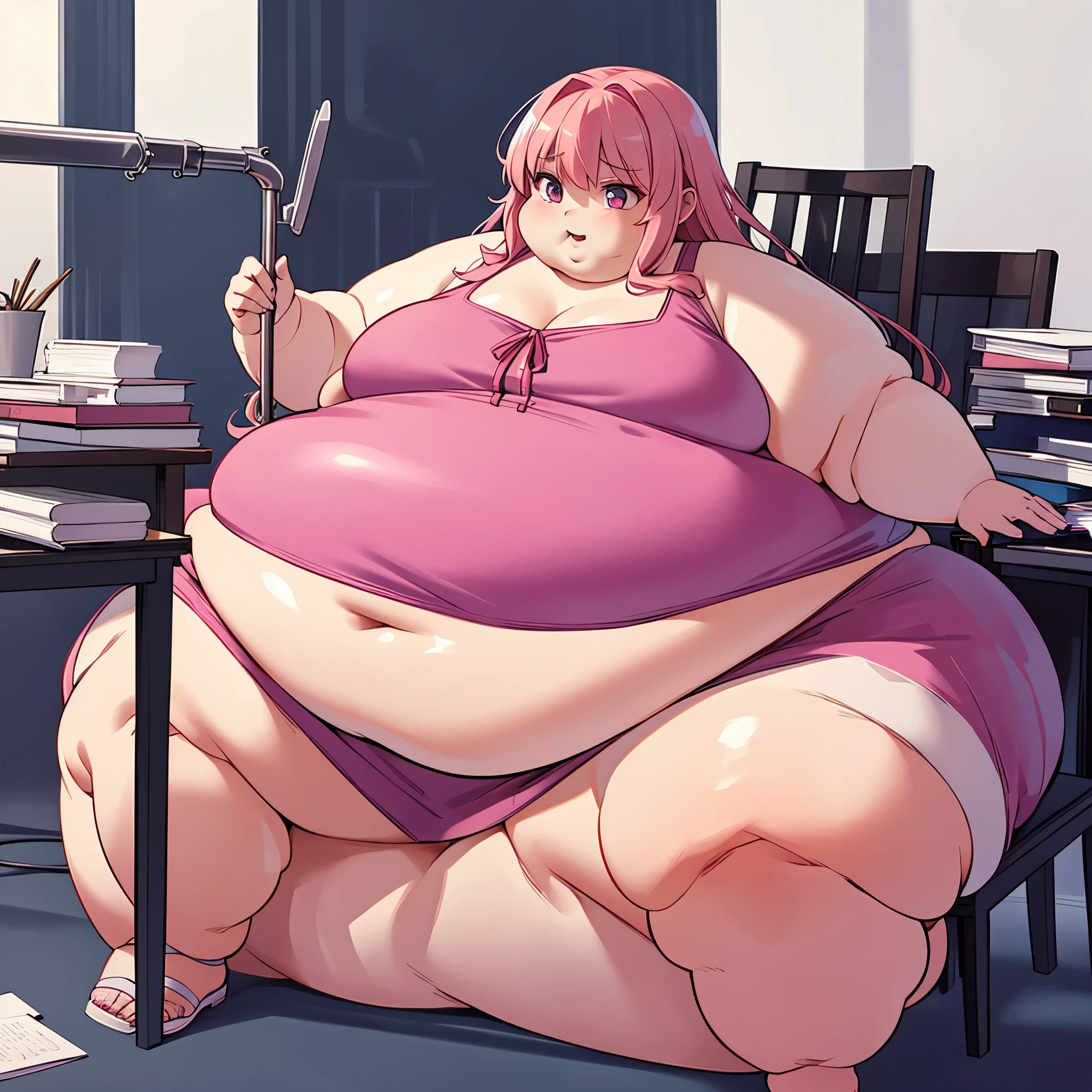 Extremely obese woman, wearing a loose pink dress, fat blob, far rolls, immobilized by her weight, very long wavy neon pink hair, a big belly, saggy belly, gluttony, hanging belly, sitting on a chair 