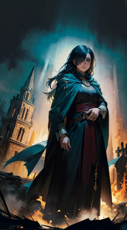 Masterpiece, (Medieval Britain), Castlevania, illustration of a woman, (long hair), (teal hair plus style), (hunter cloak), (hair over one eye), face shadow, finely detailed, medium breasts, original, highres, (burning landscape), (evil background), scary aesthetic, strong presence, dark fantasy theme, colorful refraction, disheveled hair, marvelous illustration, detailed splash, best quality, (magical:1.1), ray tracing, (face shadow), (intricate detailed:1.2), (ultra detailed:1.2), (detailed light), dynamic pose