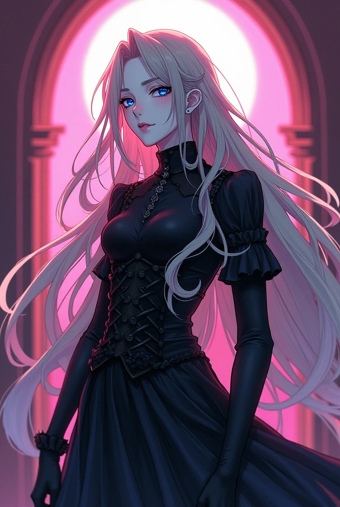 Make me an image with these characteristics for a character:
Genre: Male
Age: 90 years (youthful appearance of a ager).Species: vampire.Appearance: Long blonde hair reaching down to the back, transparent and slanted blue eyes, with an androgynous and thin appearance. Wear gothic dresses, typical of gothic lolityle, which are usually colors like pink and white or black and violet. Her clothes and androgynous shape allow her to camouflage herself easily..
Character: strong, spontaneous, elegant, fussy and stubborn. Despite his immortal nature, maintains a youthful attitude.
Serious anime style.