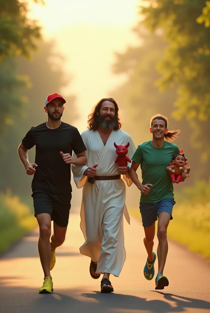 "On an open road, two people are running. The front person wears black shorts, a black T-shirt, yellow shoes, and a red cap. The second person is in a green T-shirt and blue-yellow flip-flops, holding large red and green tapes. Alongside them, Jesus, in white robes, smiles peacefully while holding a small, cute devil with tiny horns and pink ears. The road is softly lit with sunlight, with greenery on both sides. This scene is hyper-realistic, in ultra HD quality, with warm, soothing tones, similar to the uploaded image."