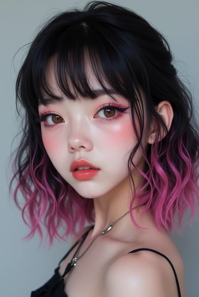 a ager with highlighter makeup, quite white skin and black hair with pink highlights, gyaru-like makeup, with tender appearance, bangs and loose hair