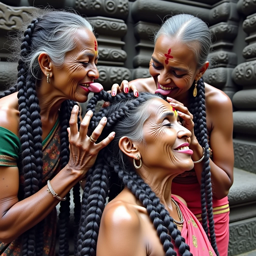 In india naga temple,total 3 india eldery ladies involving and licking their hairs of each others wildly,First 60 years old eldery indian lady kneeled with her oil smeared conrowed braided hair wears saree with out blouse,Second 60 years old lady from behind to kneeled lady with her oil smeared conrow braided hair wildy raping kneeled lady' head scalp with her tongue wearing wrap saree revealing her upper saggy breast exposed, Third 60 years old eldery with her cean scalp super conrow braided hair raping kneeled lady' scalp exposing one single breast revealing ,these three ladies are with dress in as per detsiled prompt here,all four of them,with their hairs respectively colors for the marure ladies and eldery lady hairs in as per image prompt,their long,meticulaiursly suler conrowed braided hairs shining ,red lipsstick,natural tongues pulled out,licking the eldery lady' hair by  other eldery with conrowed hairs like she is being raped excat in image,These all three ladies' faces are with showing full of sexual wildness showing out from their faces exact as in image prompt,Their eyes are fullfill with sexual wildness with raping scalp as per the imahe prompt,(Show me their tongues,long tongues:1.0) styled with 100000 liters hair oil,hairs like viscus oiled pulp,slick combed hair lines highly visible,{{{{Ladies wears perfect dresses in perfectt busty}}}},{{{{{NSFW}}}}},{{{{{{Hairs highly soaked}}}}}},{{{Hairs Drenched in water}}}}},{{{slick combed hair lines}}}},{{{{Hairlines reflecting shinning like mirrors with water}},{{{{{Showcase full bodies perfect figures}}}}},{{{{{High resolution perfecr color grading}}}}}},{{{Perfect conrowed on all three ladies exactly in image prompt}}}}}}},((((((Generate ethnicity as indian sexy build ladies))))))),((((((Generate wildness poses where shows the wildness maturity of the sexually wildness and extremly extremly wildness in to hair licking by their tongues exatly as image prompt if someone sees this should get errected)))),