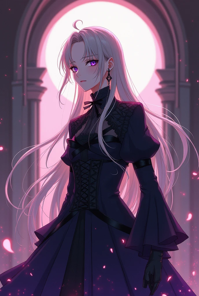 Make me an image with these characteristics for a character: 
Genre: Male
Age: 90 years (youthful appearance of a teenager).Species: vampire.Appearance: Long blonde hair reaching down to the back, transparent and slanted blue eyes, with an androgynous and thin appearance. Wear gothic dresses, typical of gothic lolita style, which are usually colors like pink and white or black and violet. Her clothes and androgynous shape allow her to camouflage herself easily..
Character: strong, spontaneous, elegant, fussy and stubborn. Despite his immortal nature, maintains a youthful attitude.
Serious anime style.