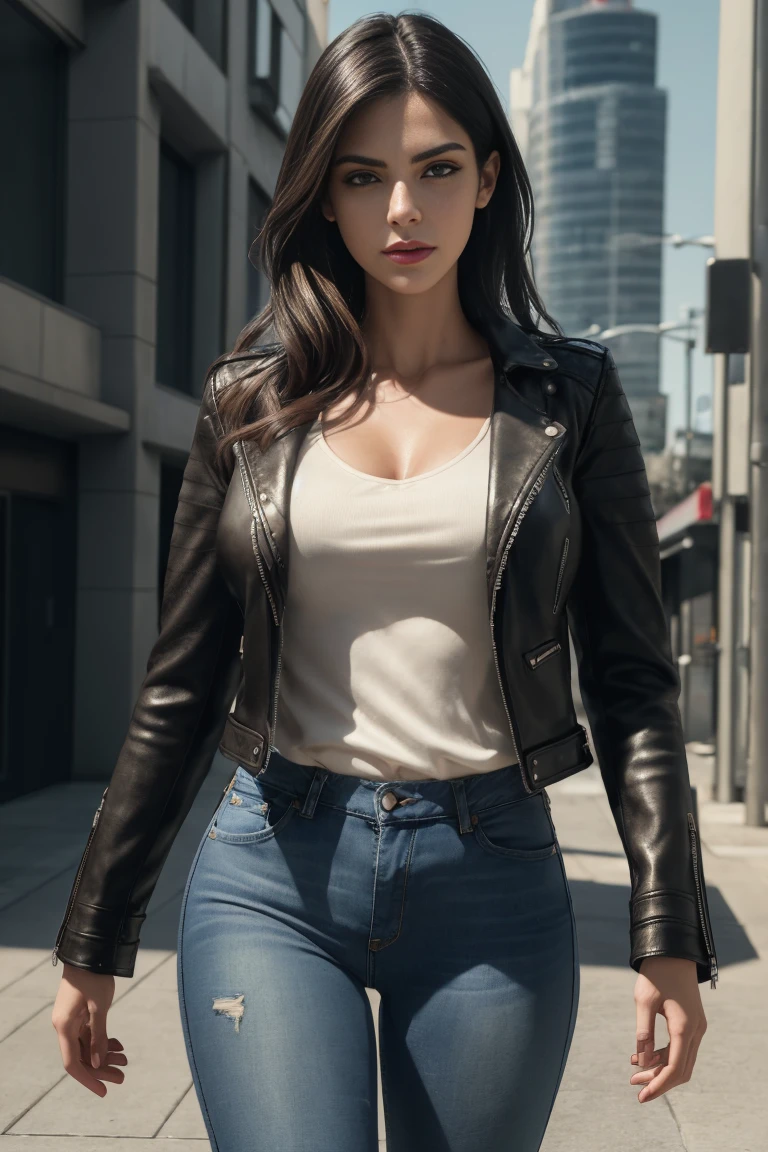 design, interrior, interriordesign Masterpiece, best quality, (highly detailed raw photo:1.2), 8k render in octane, volumetric lighting, volumetric shadows portrait of a woman, (pasionate look), jeans, leather jacket, pullover, walking in city