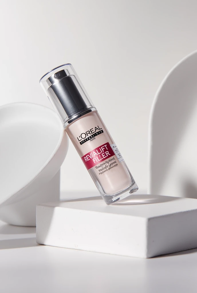 Center the L'Oréal Paris Revitalift Filler Hyaluronic Acid Serum in the image. Ensure the bottle is clearly visible and angled to showcase its sleek design and label. A slightly elevated angle can help capture the product’s details and texture.