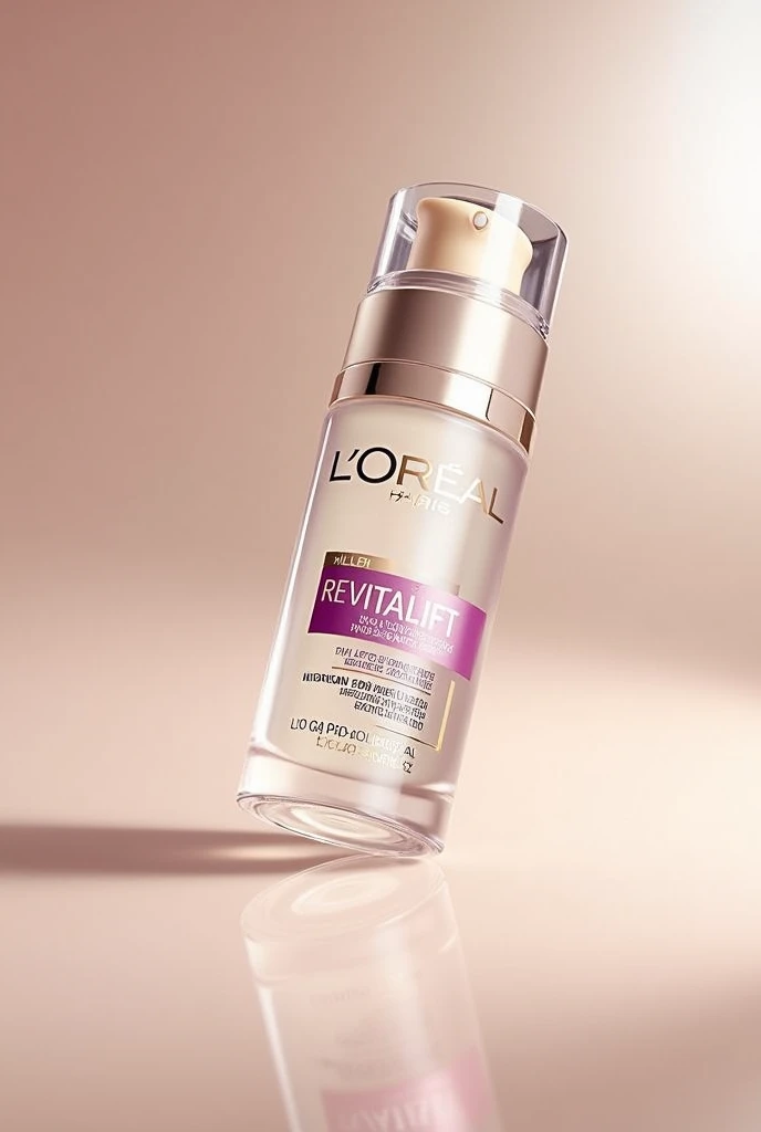Center the L'Oréal Paris Revitalift Filler Hyaluronic Acid Serum in the image. Ensure the bottle is clearly visible and angled to showcase its sleek design and label. A slightly elevated angle can help capture the product’s details and texture.