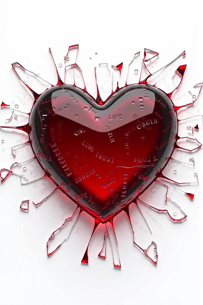 heart made of glass, breaking into pieces, with shards falling away. Each shard could have words like "love," "trust," "betrayal" etched into them, symbolizing the fragmented nature of relationships.
Color Scheme: Deep reds and blacks with a stark white background to highlight the breaking heart.