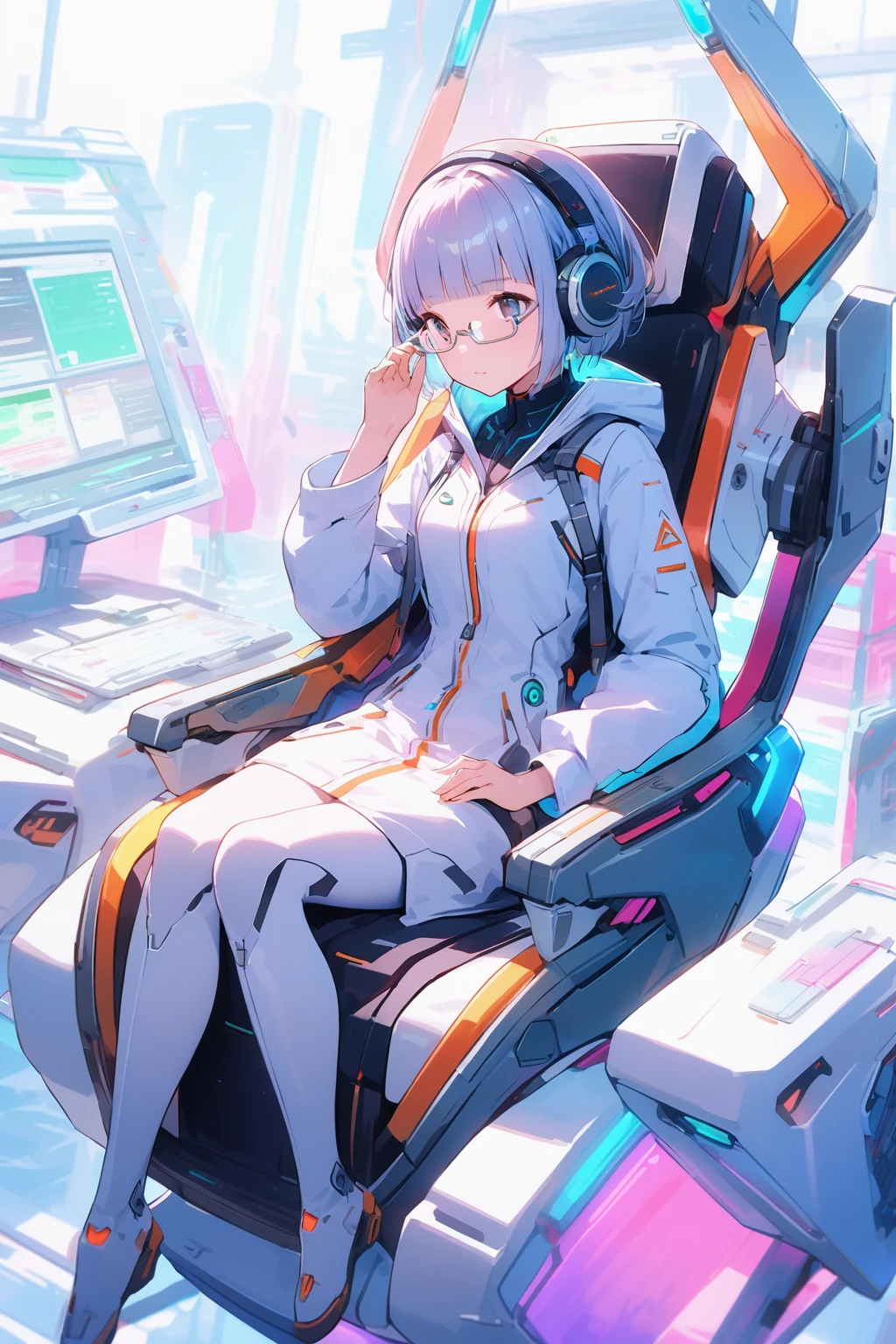 (extremely detailed fine touch:1.3), Vibrant colors, Soft tones, With warm and gentle lighting, girl, solo, (((silver semi-rimless eyewear:1.3))), (headphone:1.0), short hair, blunt bangs, full body, sitting Futuristic floating chair, note personal computer, Faithfully recreates the gesture of putting on glasses, Futuristic, Futuristic White coat, Science Fiction, Science Fiction Laboratory, Various research machines, Futuristic Under Research