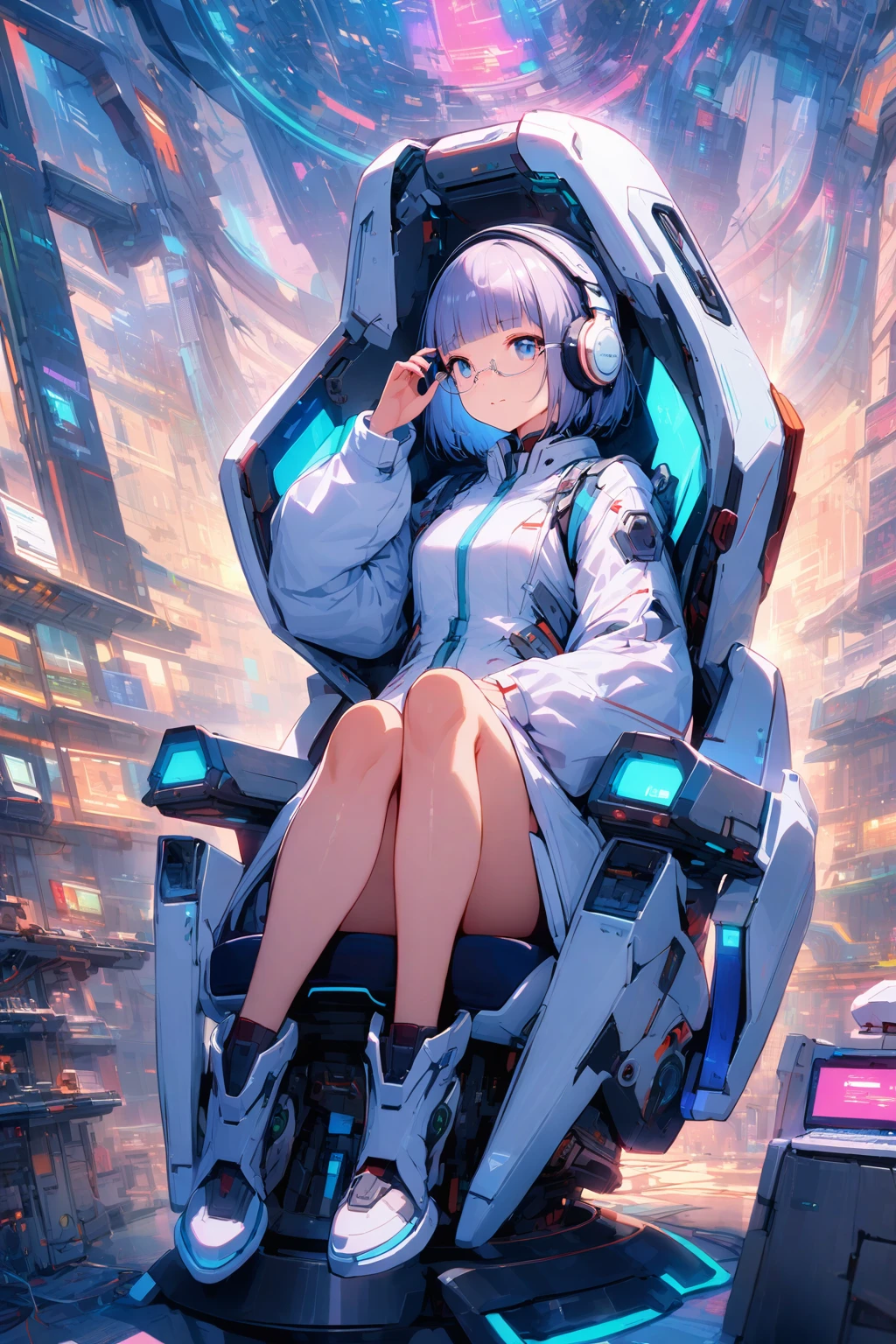(extremely detailed fine touch:1.3), Vibrant colors, Soft tones, With warm and gentle lighting, girl, solo, (((silver semi-rimless eyewear:1.3))), (headphone:1.0), short hair, blunt bangs, full body, sitting Futuristic floating chair, note personal computer, Faithfully recreates the gesture of putting on glasses, Futuristic, Futuristic White coat, Science Fiction, Science Fiction Laboratory, Various research machines, Futuristic Under Research