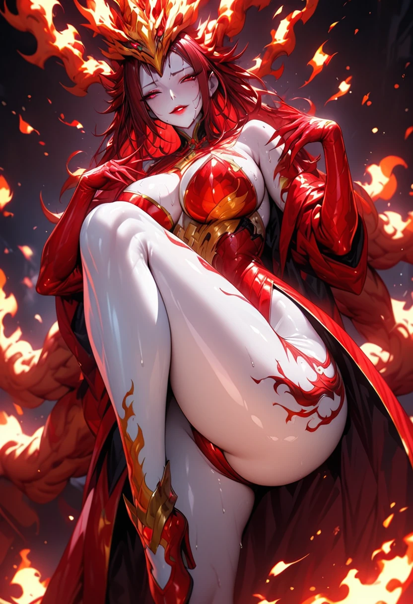 1 young beautiful woman,(Highest quality,Extremely detailed depiction,Incredibly absurd high resolution,Anatomically accurate depiction,Curvy Legs),(Shiny skin,Porcelain-like skin),(Phoenix-themed monster:1.5,A member of an evil organization,Clothed in flames),eyelash,Sweat,(Red Eyes,Vertically drawn pupils,Large Breasts,A captivating smile,Glossy red lips,Flashy makeup,Seductive gestures,Half-closed eyes:1.3),whole body,A shadowed expression,flame costume