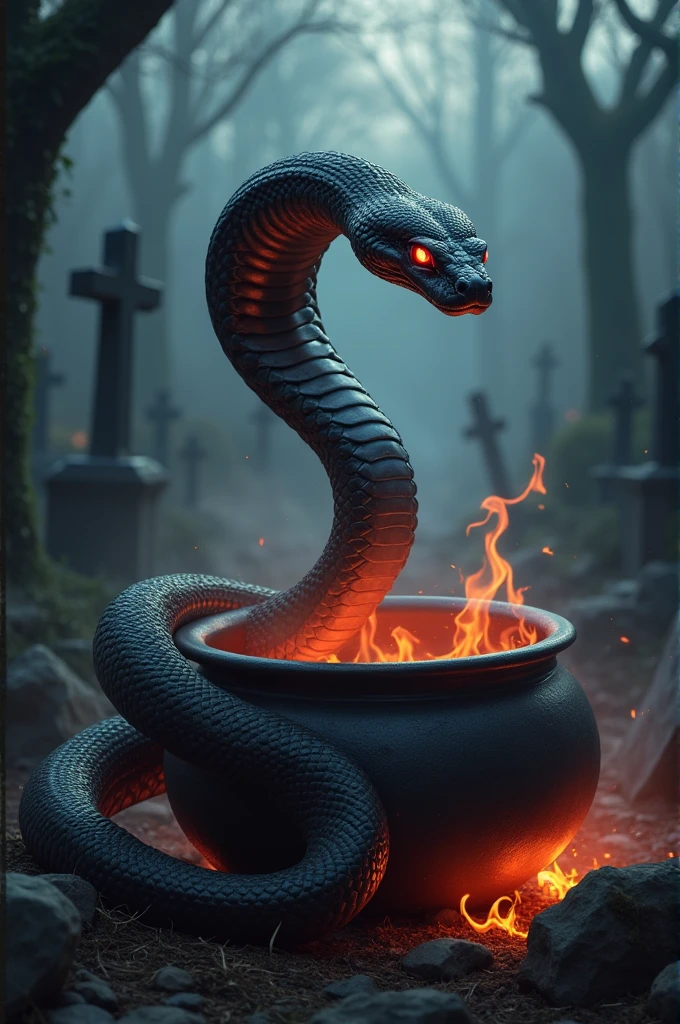 Black snake logo on white background, viper, Lair, cauldron, realisitic, Black Snake, Spell, cauldron, black manba viper snake, Eyes red, fire, cemetery, smoke, a snake