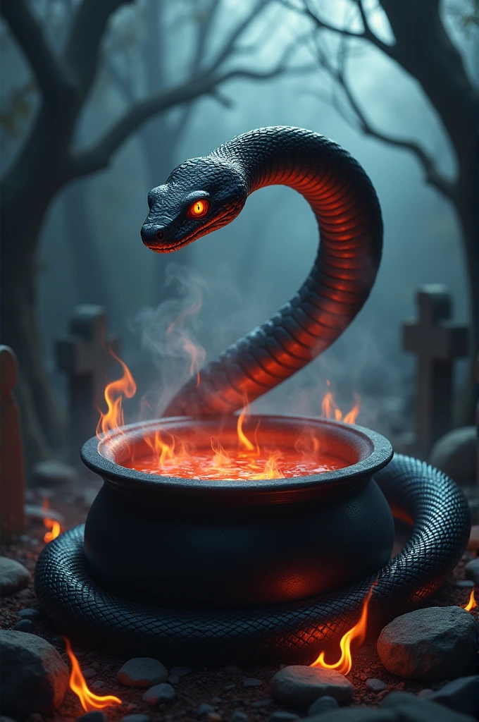 Black snake logo on white background, viper, Lair, cauldron, realisitic, Black Snake, Spell, cauldron, black manba viper snake, Eyes red, fire, cemetery, smoke, a snake