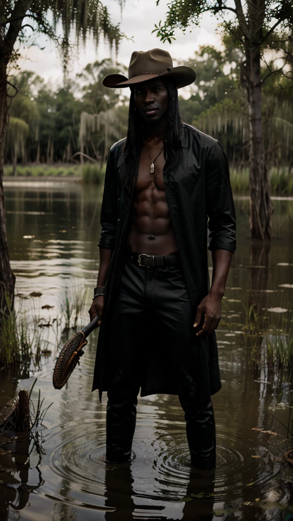 tall man in the swamp around alligators, stetson hat, piercing eyes, dark skin, handsome, night time, dark clothes