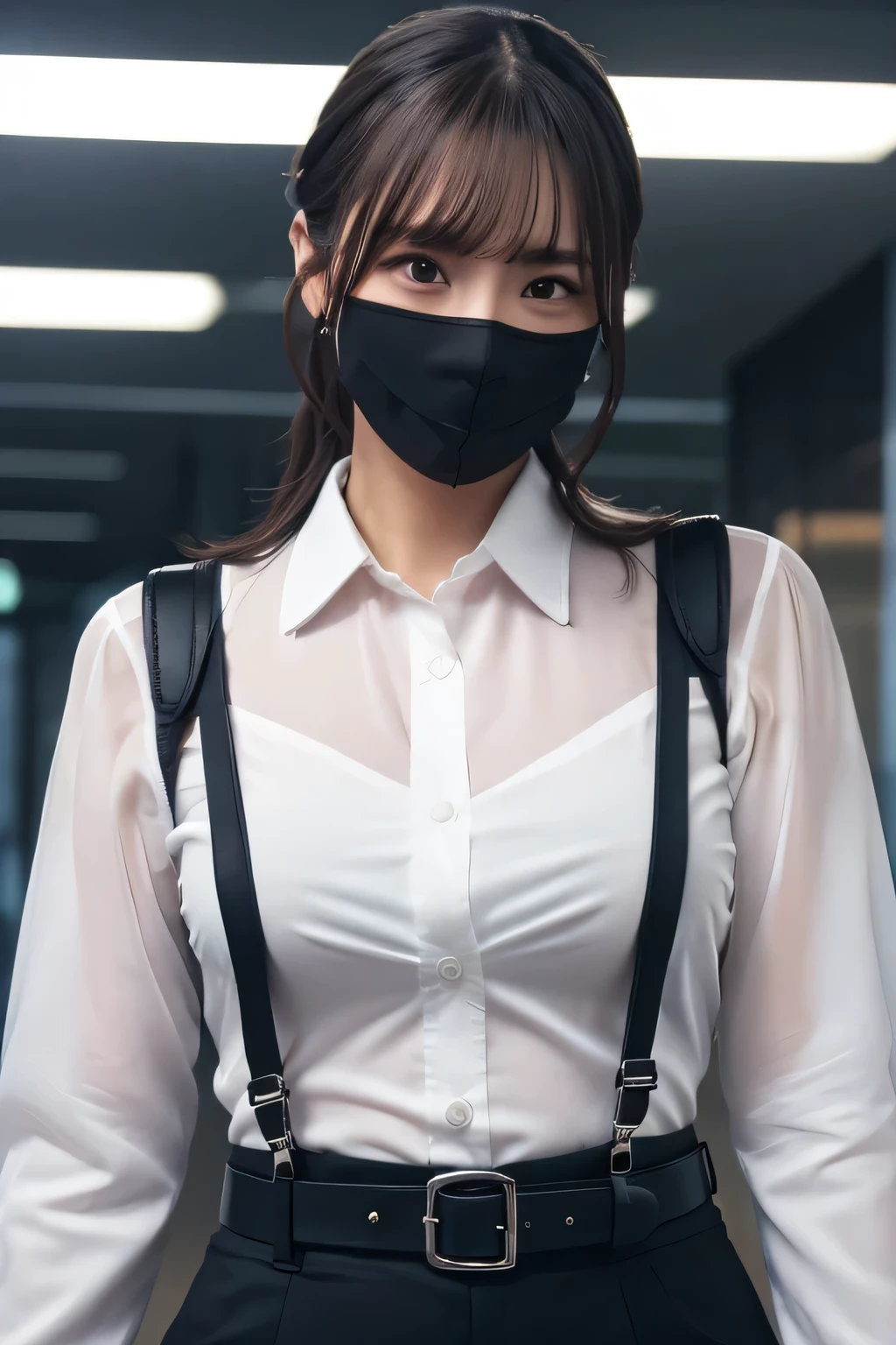 a woman in a suit, belt, hands behind back, sweating, suspenders, black pants, sexly, large breasts, see-through clothing, rain, detective, office worker, white button-up shirt, (best quality,4K,8k,highres,masterpiece:1.2),ultra-detailed,(realistic,photorealistic,photo-realistic:1.37),hyper-detailed,highly detailed face and body, Slender thin suspenders Moderate breasts See-through shirt Nipples holster chain Pistol Armament criminal Female criminal knife black mask sweat sweating See-through clothing