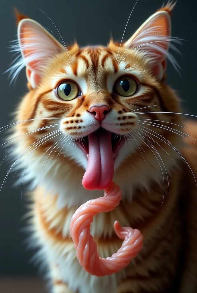 A furry cat with his long twisty tongue