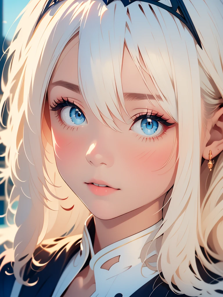(close:1.4), (RAW shooting:1.2), (realistic:1.4), (masterpiece:1.3), (highest quality:1.4), bright look, very beautiful girl, extraordinary beautiful girl, cute and beautiful face details, beautiful bangs, Brilliant white skin, facial hair, Bangs that extend to the face, bangs between eyes, super long hair, Charming light and dark platinum blonde super long straight silky hair, thin hair, Charming and shining beautiful bright and clear light blue big eyes , luxurious dress, tiara, double eyelid, rich bust, Upper body
