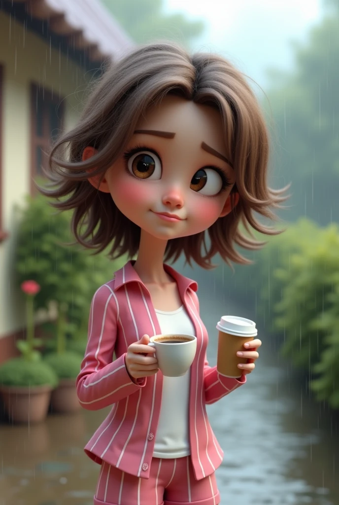 create image of A 3D caricature rendering by Autodesk Maya of a semi-realistic characte. a young woman with brown hair wears a pink striped shirt with a white shirt and matching shorts. She was holding a cup of coffee, her hair very messy and looking outside with a slightly sad face. It was raining outside and the background was a blur of the house and the trees. For advertising big head, 