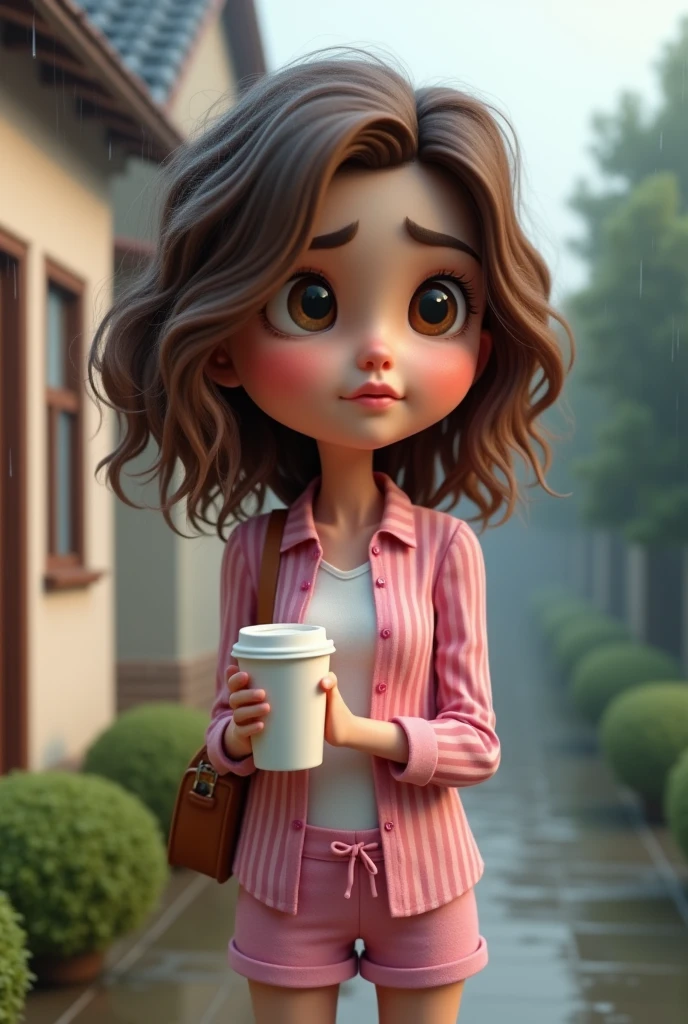 create image of A 3D caricature rendering by Autodesk Maya of a semi-realistic characte. a young woman with brown hair wears a pink striped shirt with a white shirt and matching shorts. She was holding a cup of coffee, her hair very messy and looking outside with a slightly sad face. It was raining outside and the background was a blur of the house and the trees. For advertising big head,