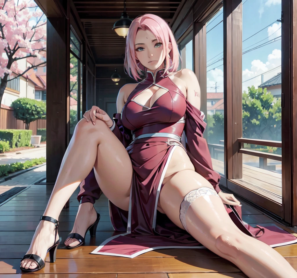 sakura haruno, ful dressed, Exposed leg, maturebody, beautiful  face, sultry posing, big buttocks, illustration, high resolution, ultra detali