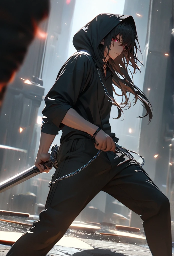 1 male, teacher, wearing black shirt, rolled up sleeves, black long pants, black hair, very messy long hair, face to detail, detailed eyes, bright red eyes, hood, the background is space in china. In a fighting position. Silver chains everywhere. Holding a sword standing. attractive, eye reflection, depth of field, thunder aura, cinematic lighting, ray tracing, depth of field, cinematic lighting, ray tracing, UHD, high details, best quality, highres, high quality, award winning, super detail, masterpiece, 8k, UHD, high details, best quality, highres, high quality, award winning, super detail, masterpiece, 8k, digital art, anime coloring, full body, back shot, good face, perfect face, detailed face, good eyes, in a fighting position, holding a sword.