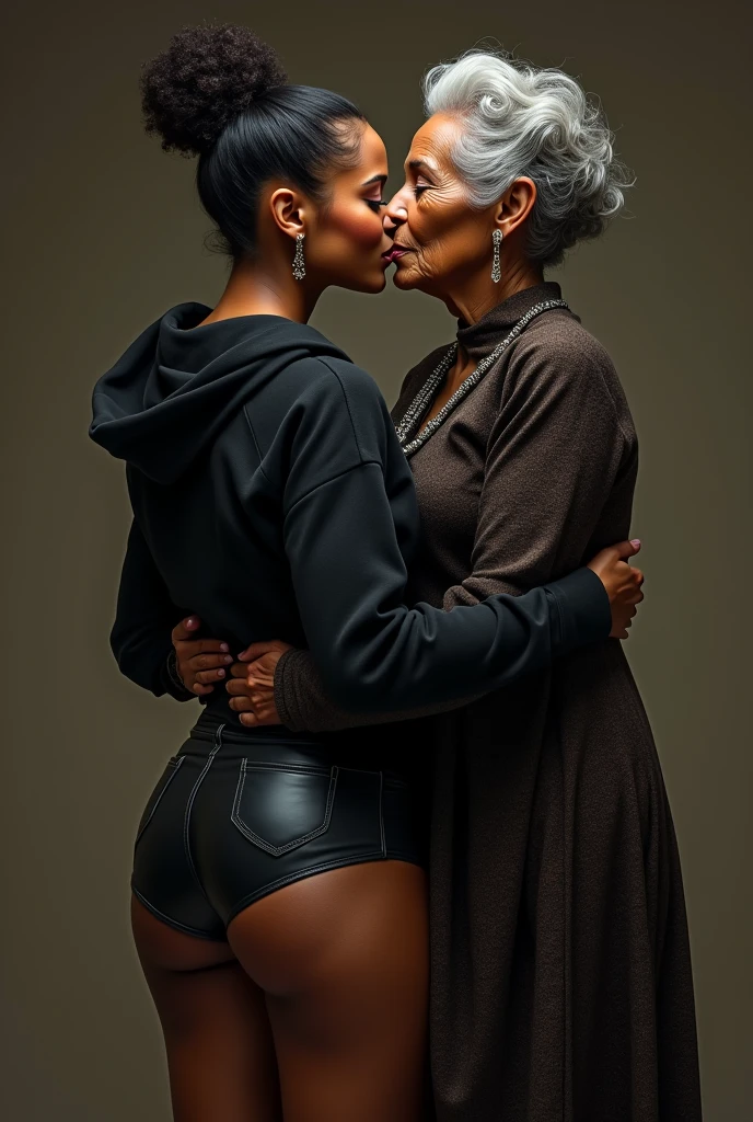 black woman hair in a bun black hoodie   black leather short shorts   a old grandma in a dress  kissing her ass behind her squeezing her butt