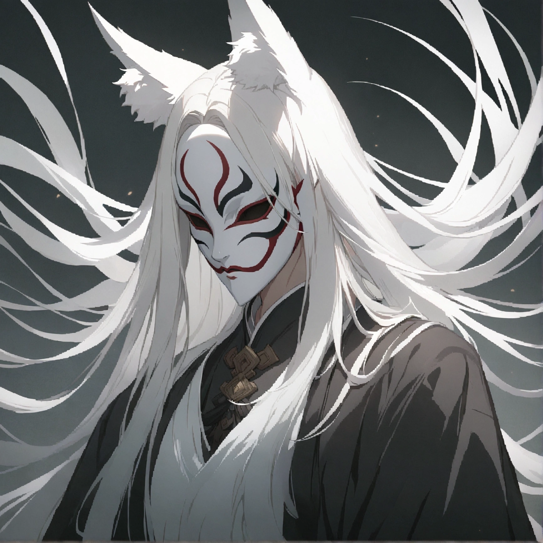 anime character with white hair and a white mask with long white hair, onmyoji portrait, white fox anime, onmyoji detailed art, with kitsune mask, horns, demon horn