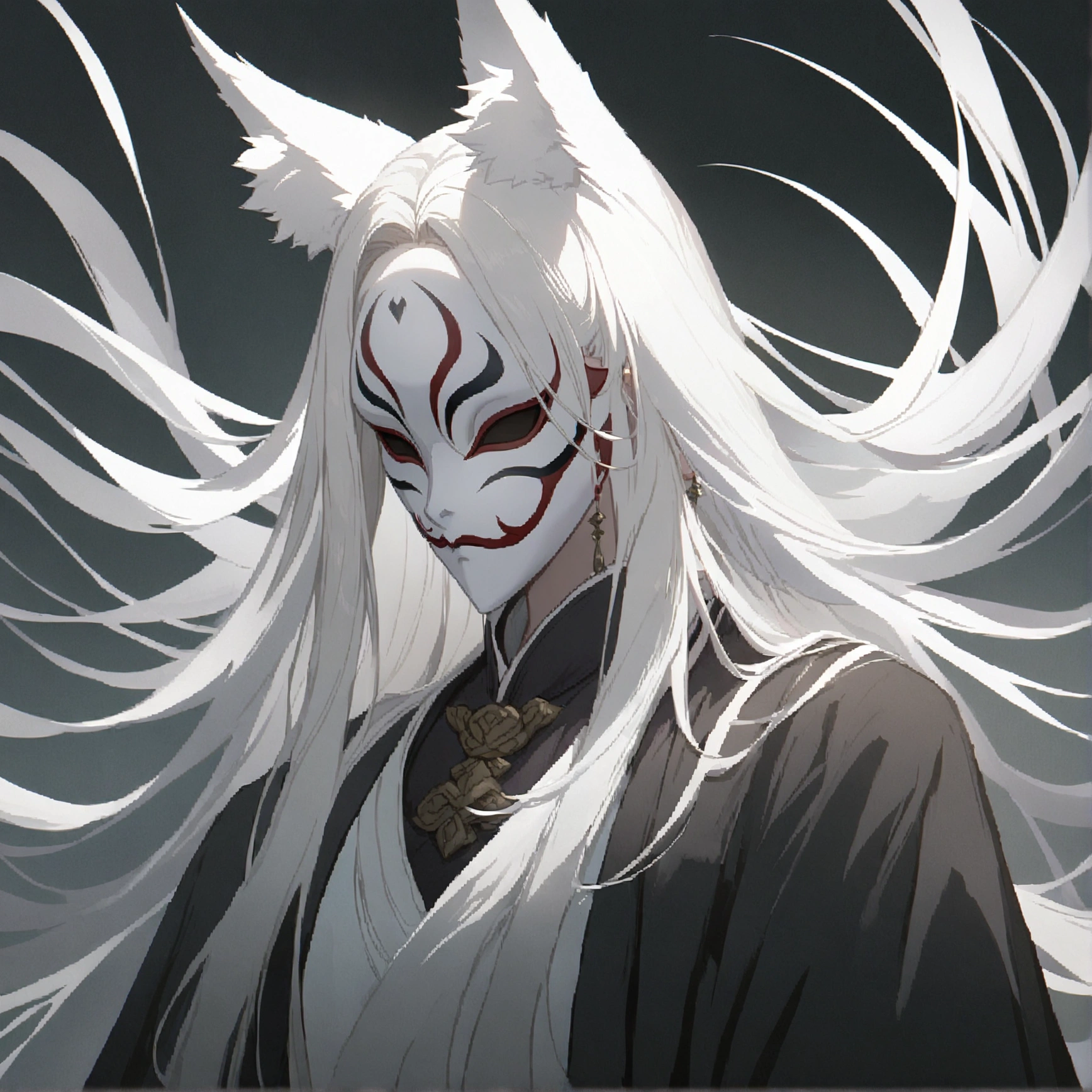anime character with white hair and a white mask with long white hair, onmyoji portrait, white fox anime, onmyoji detailed art, with kitsune mask, horns, demon horn