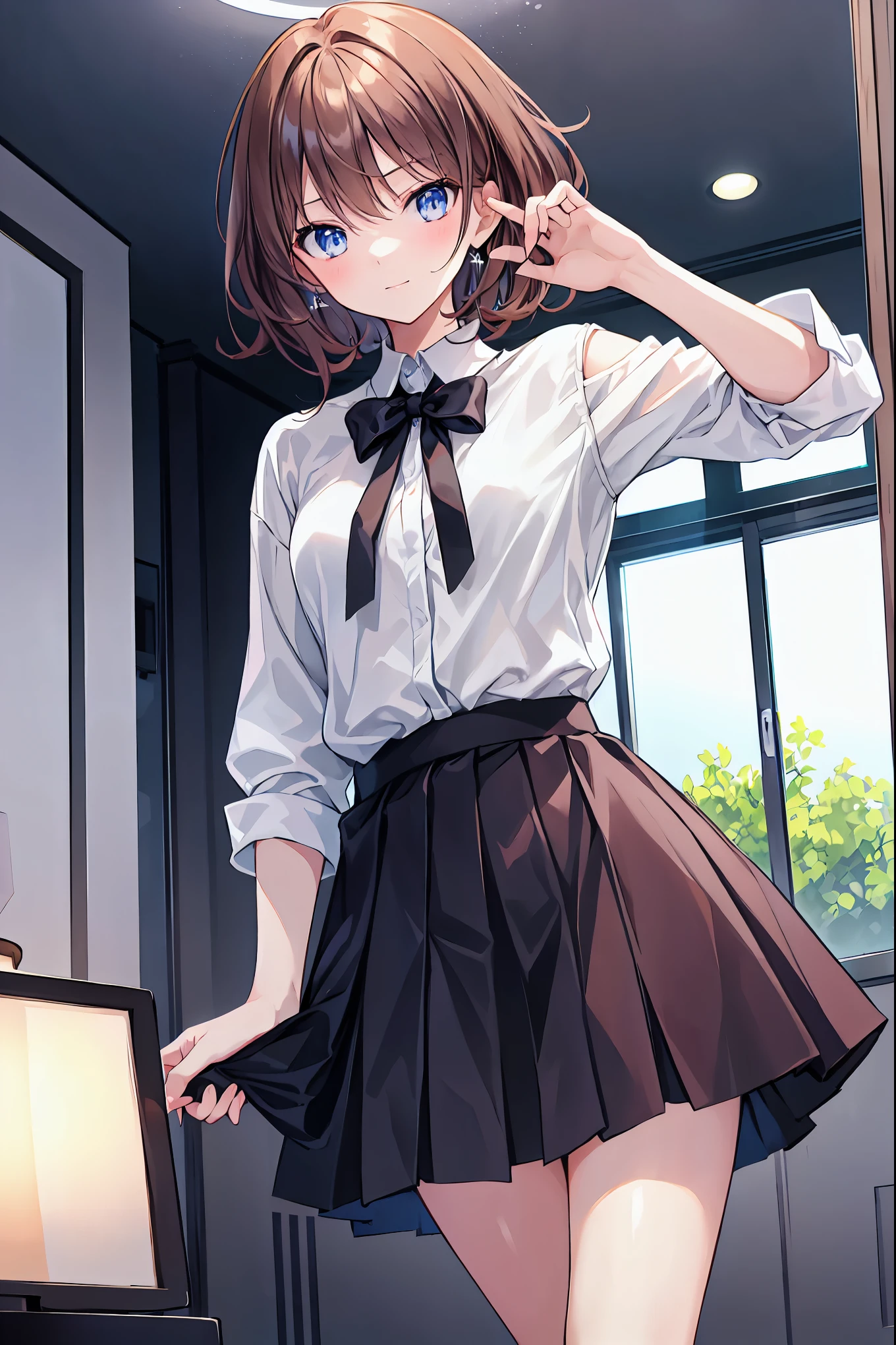 beautiful girl,Brown Hair,Shortcuts,Messy Hair,Slender beauty,A dignified posture,Small chest,Beautiful feet,Her captivating grey-blue eyes shine like stars,Nakano Beauty Salon, Tokyo、Whitish interior、Stylish interior,beautician、25、White shirt、seems to be happy、Skirt、Backlighting、Looking into the camera