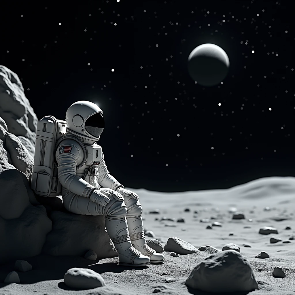 an astronaut sitting an leaning against a rock on the moon looking up at the sky with myriad of stars in the outer space, distant view