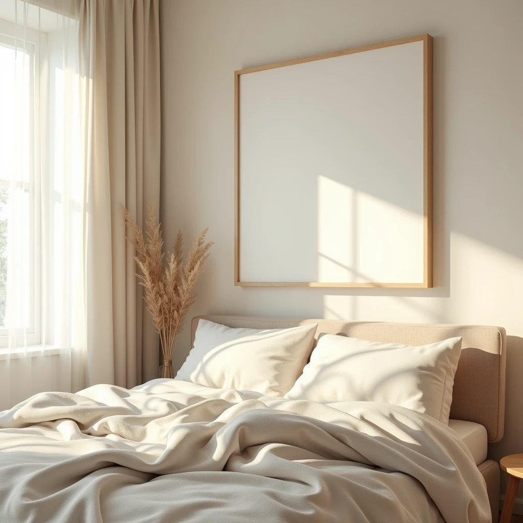 A serene and minimalist bedroom with soft, neutral tones. The bed has a cozy, unmade look with rumpled beige and white linens. Above the bed, a large rectangular canvas hangs on the wall, completely blank with a white background and a light wooden frame. The room is softly illuminated by natural light from a nearby window with sheer curtains. The overall atmosphere is peaceful and inviting