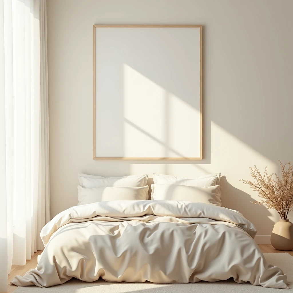 A serene and minimalist bedroom with soft, neutral tones. The bed has a cozy, unmade look with rumpled beige and white linens. Above the bed, a large rectangular canvas hangs on the wall, completely blank with a white background and a light wooden frame. The room is softly illuminated by natural light from a nearby window with sheer curtains. The overall atmosphere is peaceful and inviting